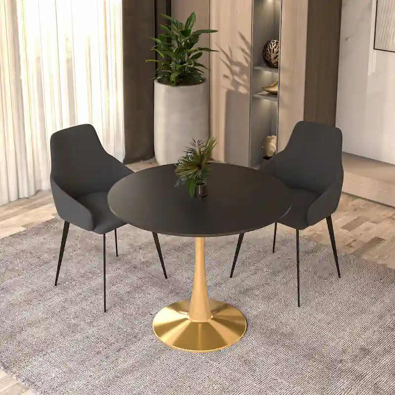 Tavolo da pranzo rotondo bianco / nero / bianco marmorizzato – Base a piedistallo, 4 posti a sedere
