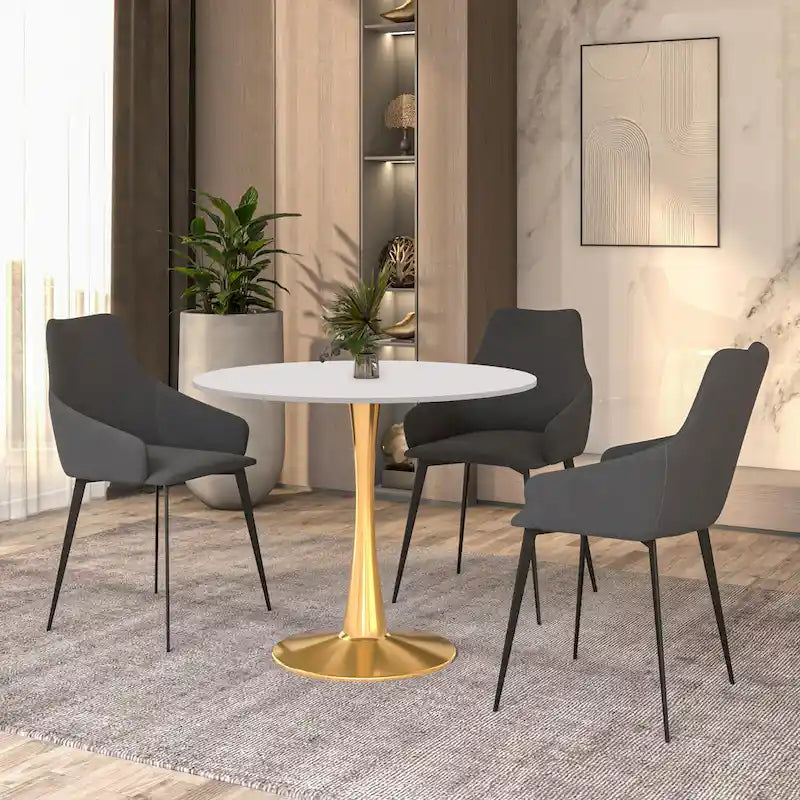 Tavolo da pranzo rotondo bianco / nero / bianco marmorizzato – Base a piedistallo, 4 posti a sedere