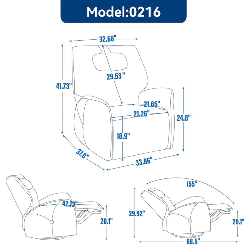 Poltrona Reclinabile Elettrica Beige / Grigia / Blu, Girevole a Dondolo, Posto Singolo